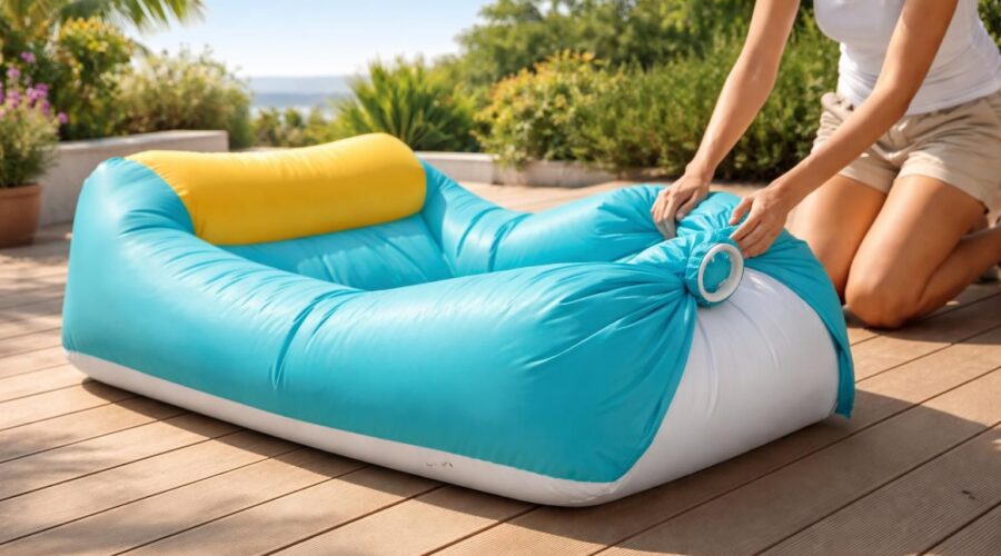 découvrez notre transat gonflable pratique qui se gonfle facilement sans pompe, idéal pour un confort rapide et sans effort lors de vos moments de détente.