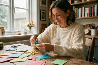 Femme en pull tricoté crème pliant une grue en origami à une table en bois rustique un dimanche pluvieux