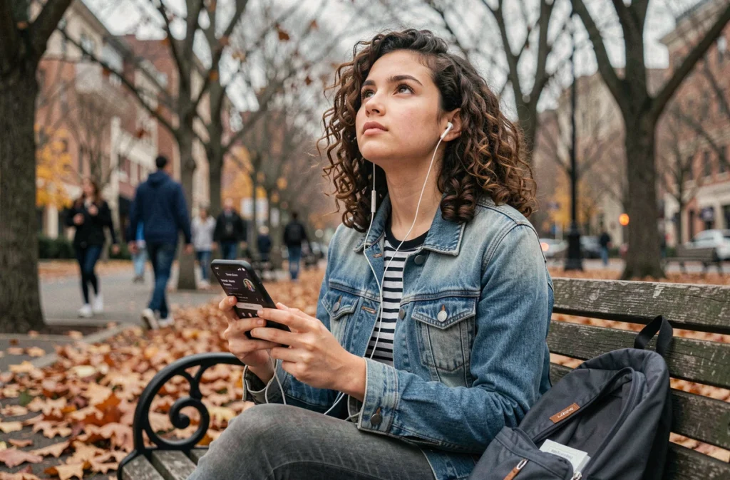 Adolescente écoutant un podcast sur son smartphone dans un parc urbain en automne