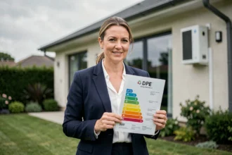 Agent immobilière tenant un diagnostic de performance énergétique devant une maison bien isolée avec pompe à chaleur