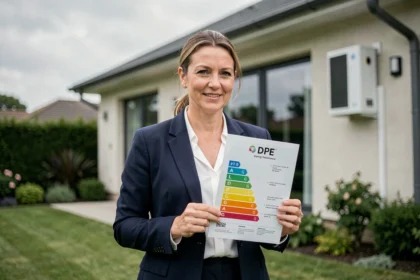 Agent immobilière tenant un diagnostic de performance énergétique devant une maison bien isolée avec pompe à chaleur