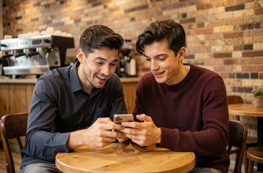 Deux amis regardant ensemble une application de jeu Monopoly GO dans un café, partage de conseils pour dés gratuits free-to-play