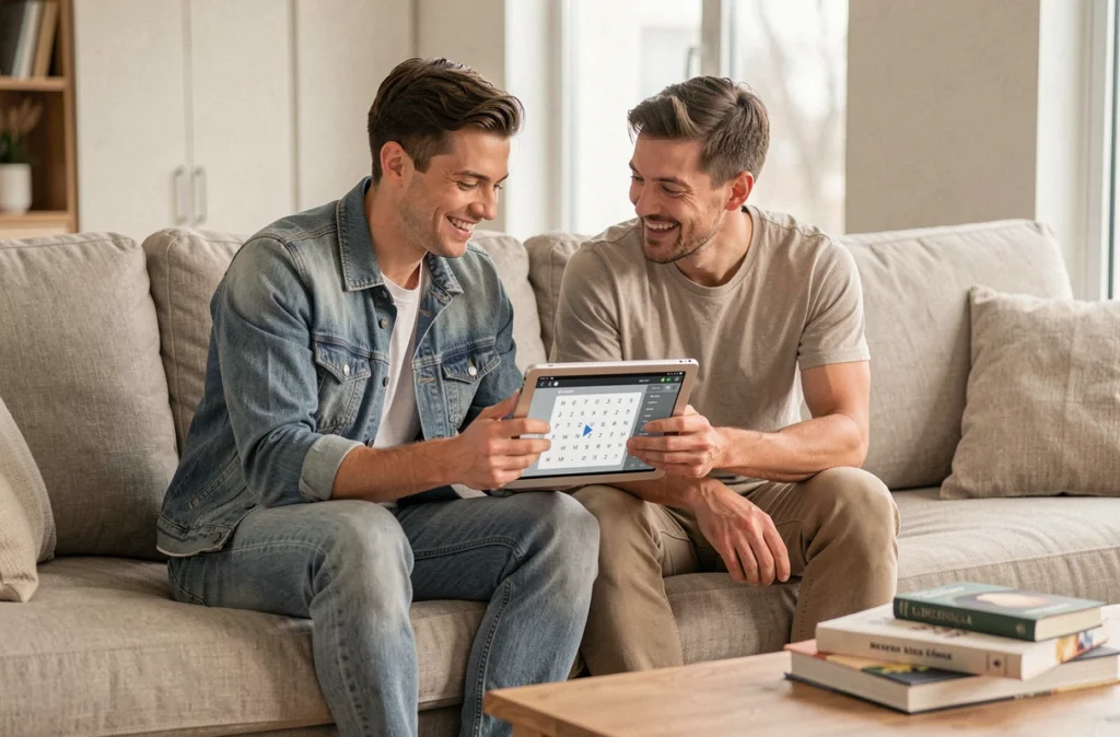 Deux amis souriants jouant ensemble à un jeu de mots sur tablette dans un salon moderne et décontracté