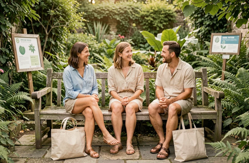 Groupe d'amis français portant des tenues estivales éco-responsables dans un jardin botanique à Lyon