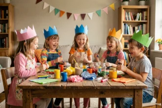 Enfants fabriquant des décorations d'anniversaire artisanales autour d'une table en bois avec des matériaux recyclés et colorés