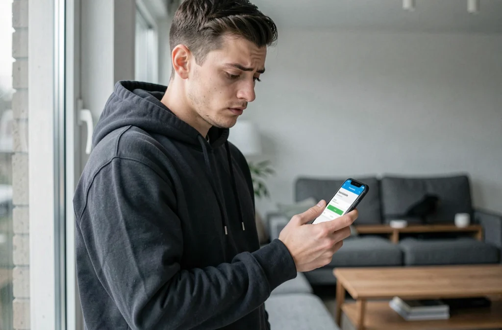 Jeune homme vérifiant les étapes pour annuler son abonnement Amazon Prime depuis son téléphone dans son salon