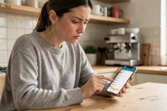 Femme consultant son smartphone pour annuler un abonnement Amazon Prime souscrit via un opérateur mobile