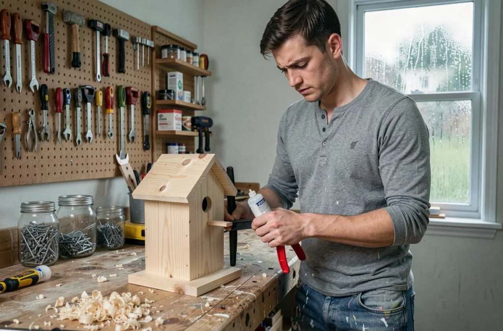 Jeune homme assemblant un modèle de nichoir en bois dans un atelier maison pendant un dimanche pluvieux