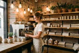 Intérieur d'un café-boutique tendance en centre-ville avec une vendeuse arrangeant des céramiques artisanales sur des étagères en bois