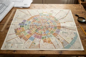 Grande carte imprimée de Paris et ses arrondissements posée à plat sur une table en bois avec des outils de cartographie