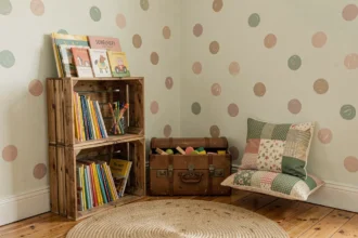 Chambre d'enfant décorée avec des caisses en bois recyclées et des objets récupérés comme étagères et rangements