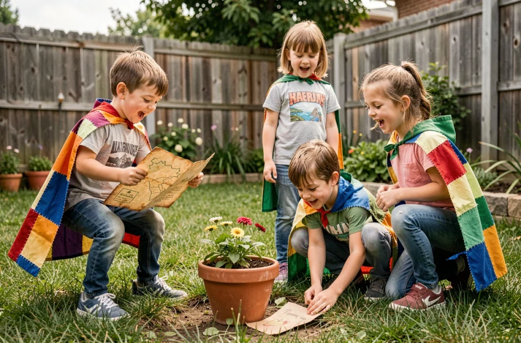 Enfants jouant à une chasse au trésor dans un jardin avec des capes de super-héros faites maison pour un anniversaire original
