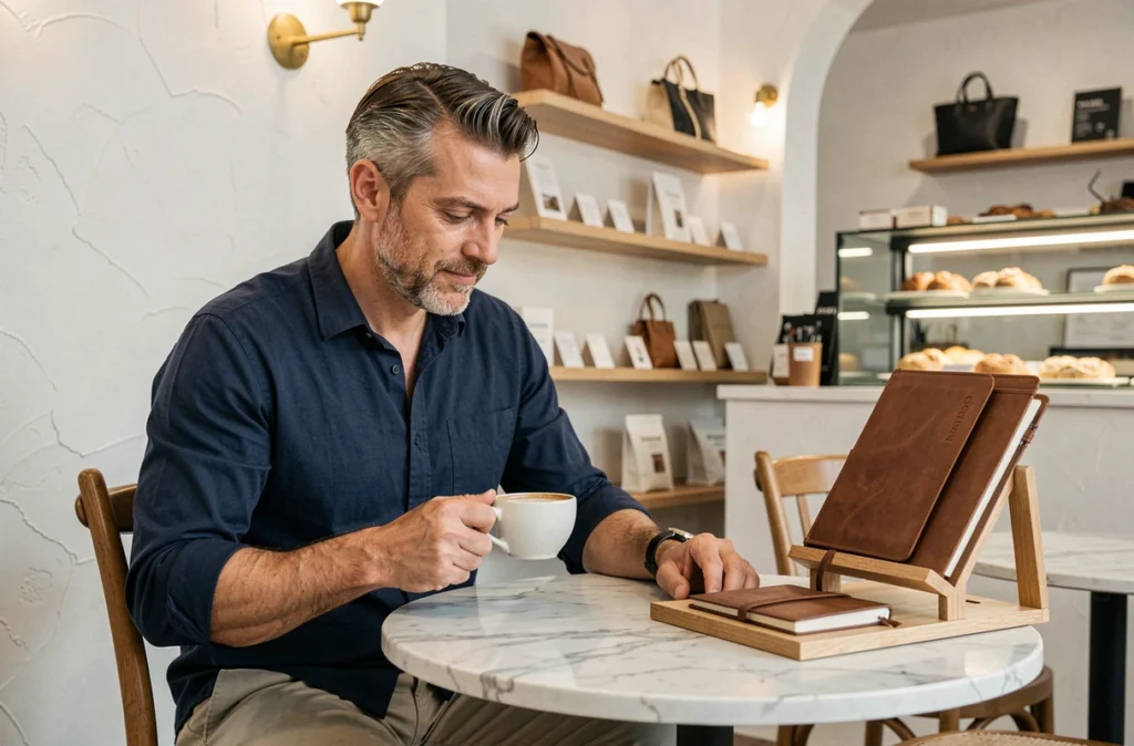 Client attablé dans un café-boutique en centre-ville savourant un café plat tout en découvrant des produits artisanaux en cuir