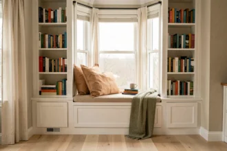 Coin lecture confortable aménagé dans une alcôve de fenêtre avec étagères en bois blanc, coussins en lin et plaid tricoté