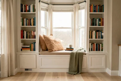 Coin lecture confortable aménagé dans une alcôve de fenêtre avec étagères en bois blanc, coussins en lin et plaid tricoté