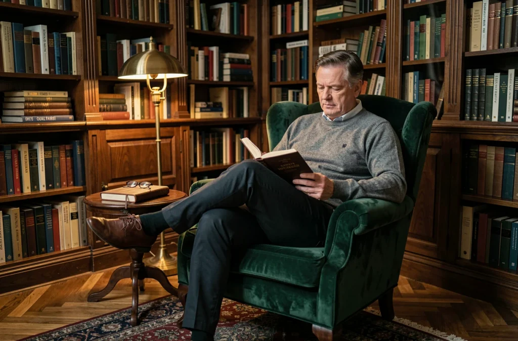 Homme adulte lisant dans un fauteuil en velours vert dans une bibliothèque à domicile avec des étagères en bois sombre remplies de livres