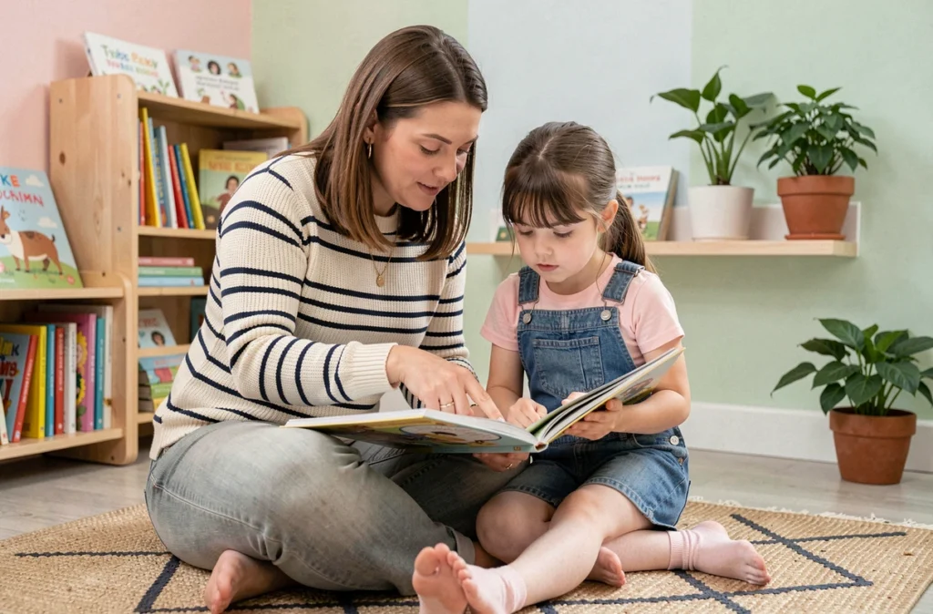 Femme adulte et jeune fille lisant un livre illustré ensemble sur un coussin de sol dans un coin lecture coloré à la maison