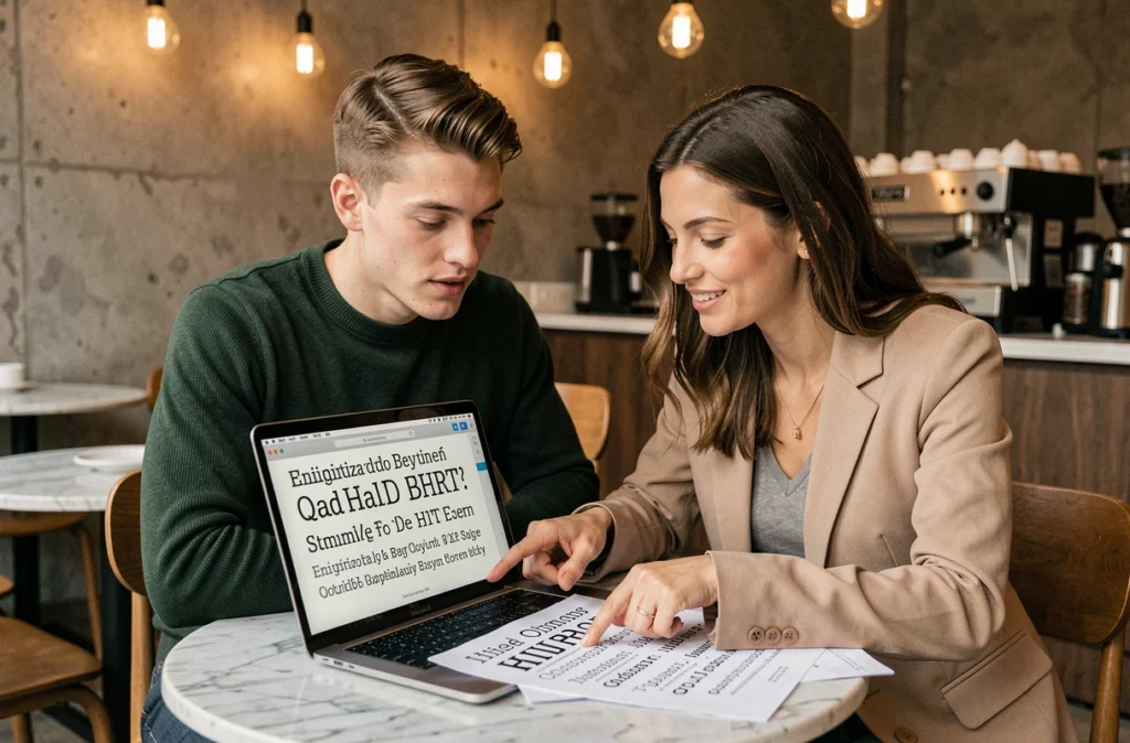 Deux créatifs discutant d'associations de polices serif et sans-serif sur un ordinateur portable dans un café moderne