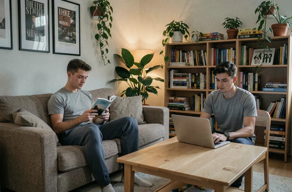 Deux jeunes colocataires masculins se relaxant dans le salon de leur appartement partagé en ville