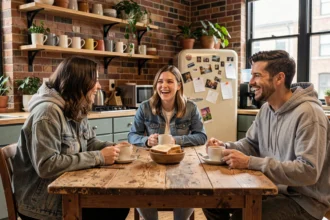 Trois jeunes actifs partageant un petit-déjeuner convivial dans la cuisine de leur appartement en colocation à Paris
