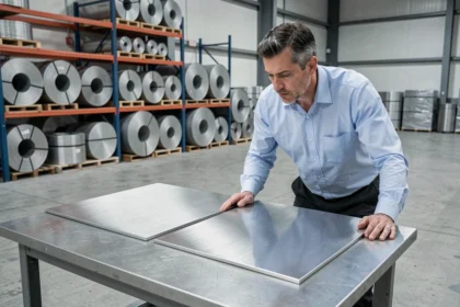 Acheteur industriel comparant deux échantillons de plaques en inox 304 et 316 dans un entrepôt métallurgique