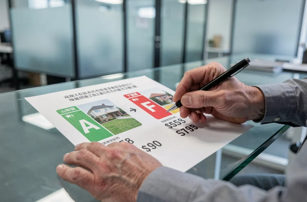 Comparaison de prix immobiliers entre logements classés A et F sur une brochure de vente immobilière