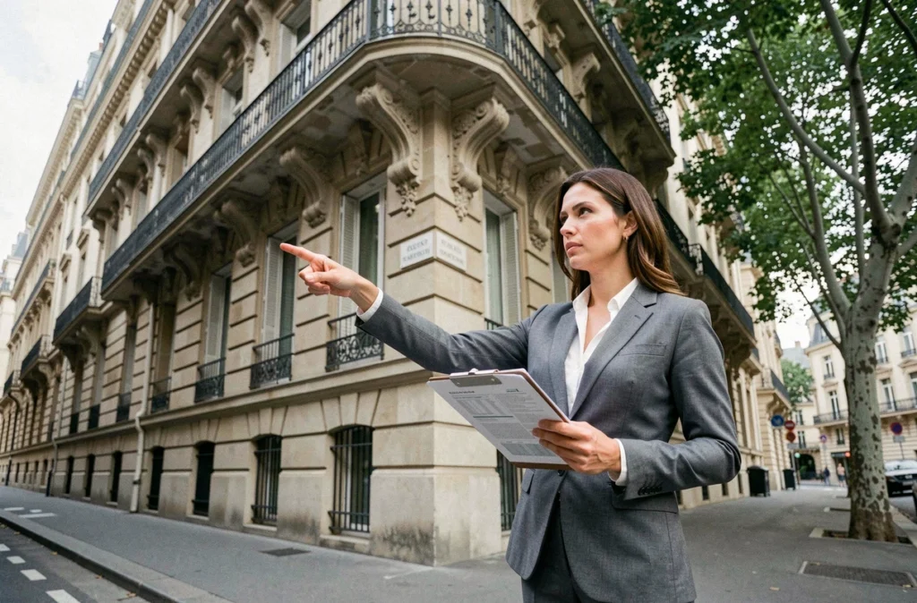Conseillère en investissement viager devant un immeuble haussmannien à Paris