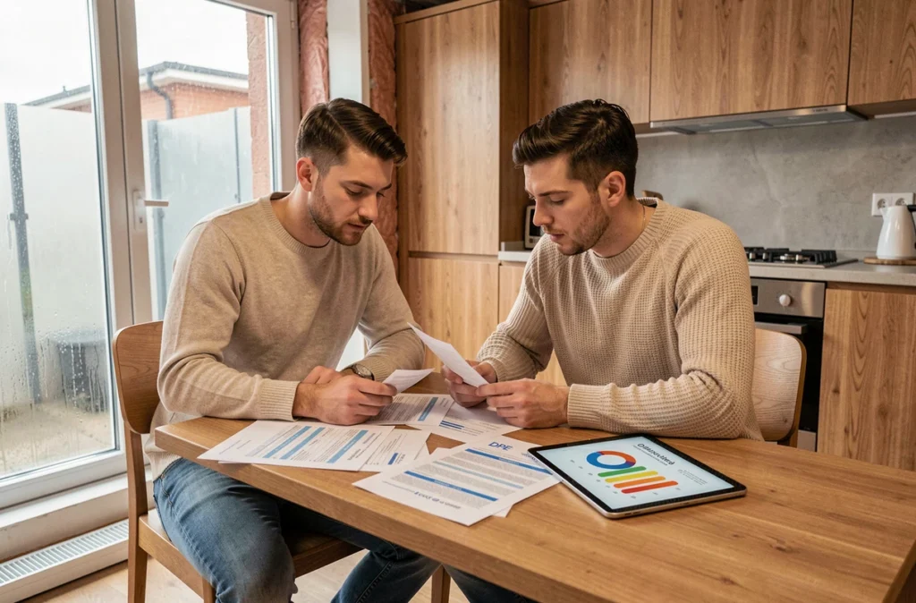 Couple examinant des factures énergétiques et un rapport DPE dans une cuisine moderne bien isolée
