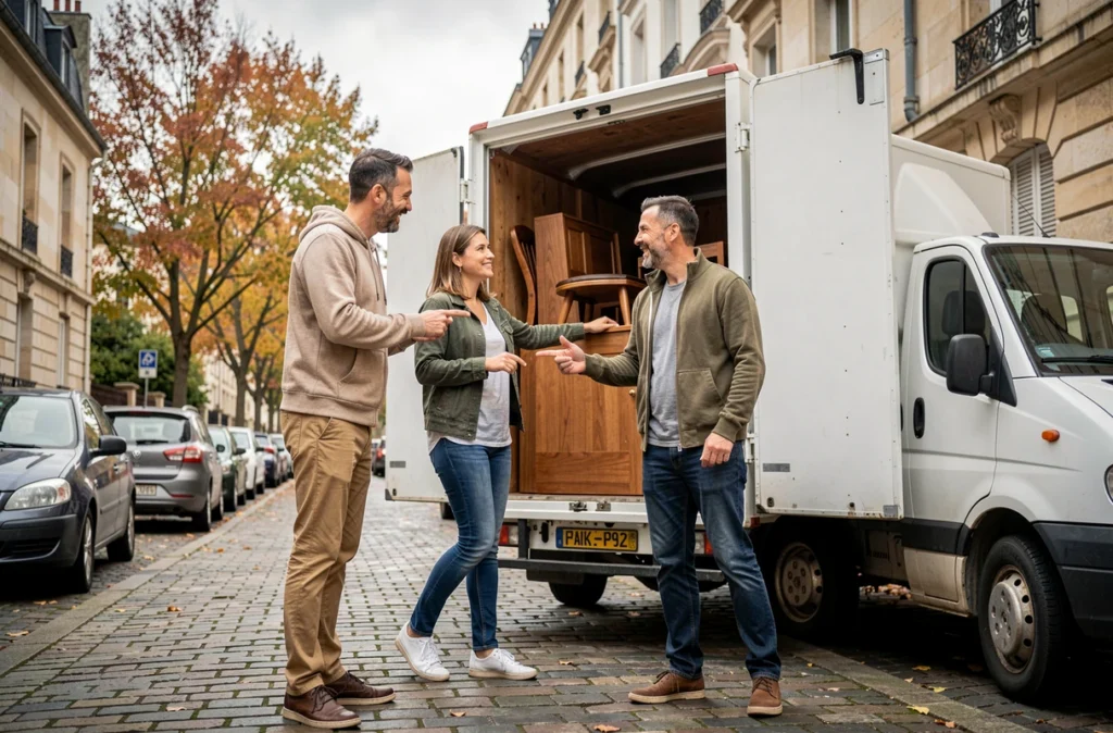 Couple coordonnant le chargement de meubles dans un camion de déménagement devant un immeuble résidentiel