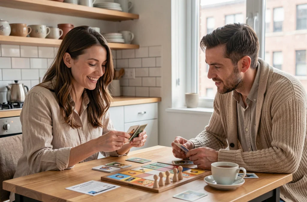 Couple jouant à un jeu de cartes moderne à une table de cuisine dans un appartement contemporain