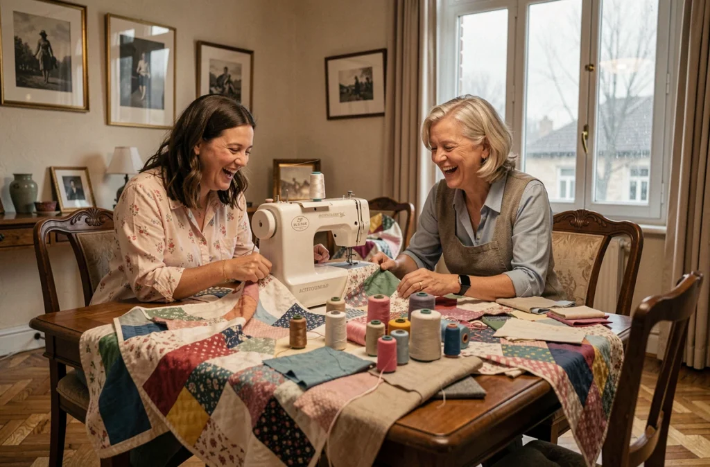 Mère et fille cousant ensemble un patchwork coloré à la table familiale un dimanche pluvieux