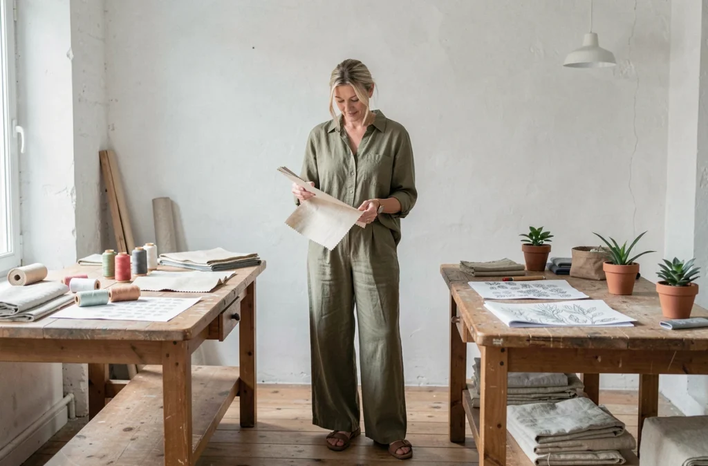 Créatrice de mode française dans un atelier parisien minimaliste, examinant des échantillons de tissus éco-responsables
