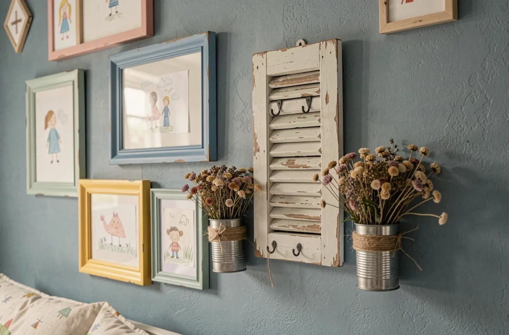 Mur de chambre d'enfant décoré avec des cadres vintage récupérés, des volets réemployés et des boîtes en métal ornées