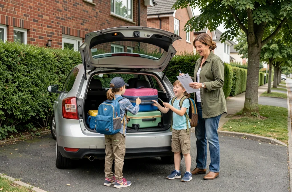 Une mère et ses enfants chargent les bagages dans le coffre d'une voiture familiale avant le départ en vacances