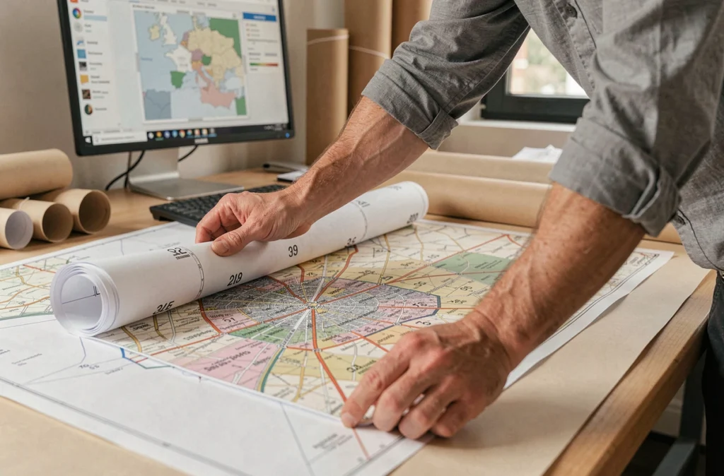Mains d'un homme déroulant une grande carte imprimée de Paris arrondissements sur une table de bureau d'architecte