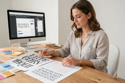 Designer graphique comparant des typographies serif et sans-serif imprimées sur son bureau de studio créatif