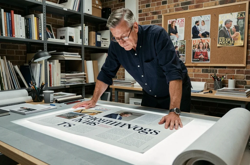 Directeur artistique éditorial analysant une maquette de magazine avec alternance de polices serif et sans-serif sur table lumineuse