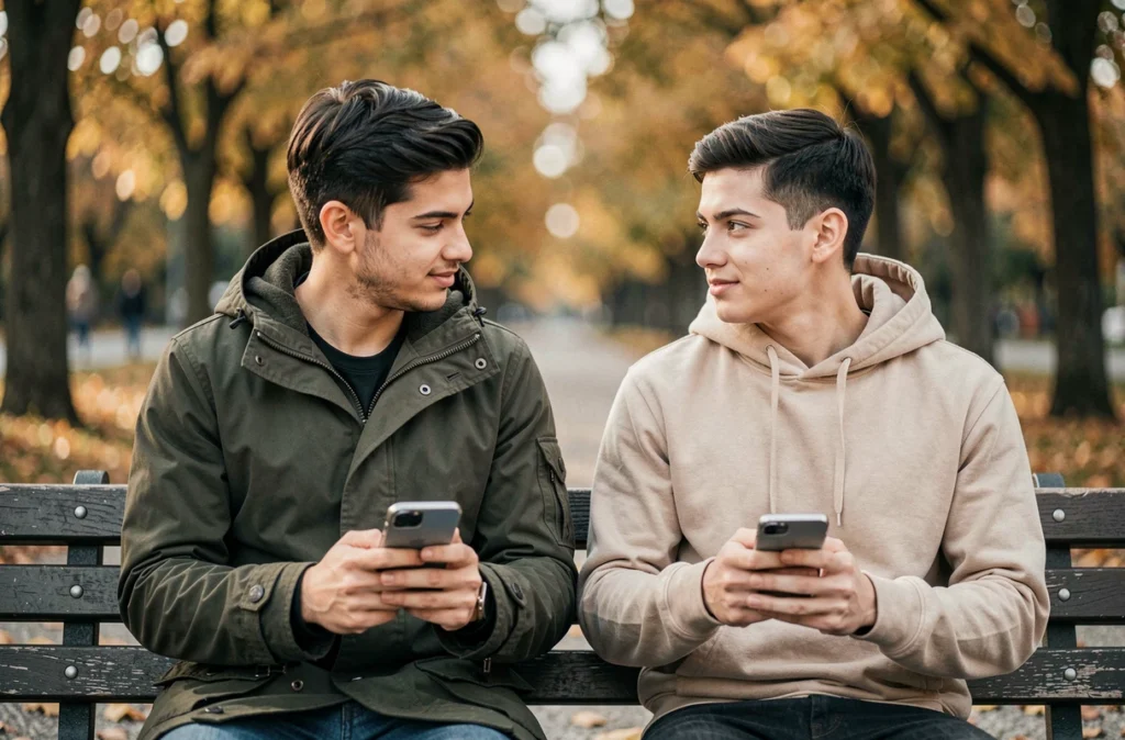 Deux jeunes adultes échangeant des messages via une application sécurisée sur un banc de parc en automne