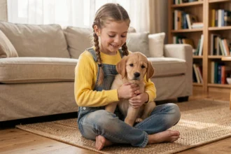 Petite fille souriante tenant un chiot golden retriever dans un salon familial chaleureux