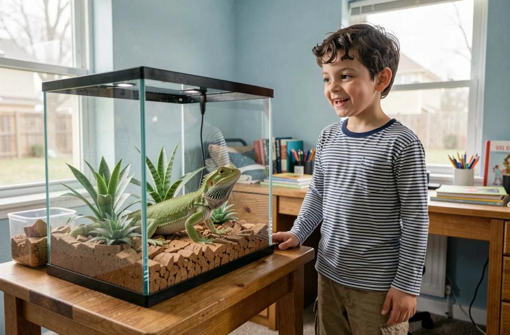 Enfant observant un lézard barbu dans un terrarium dans une chambre à coucher