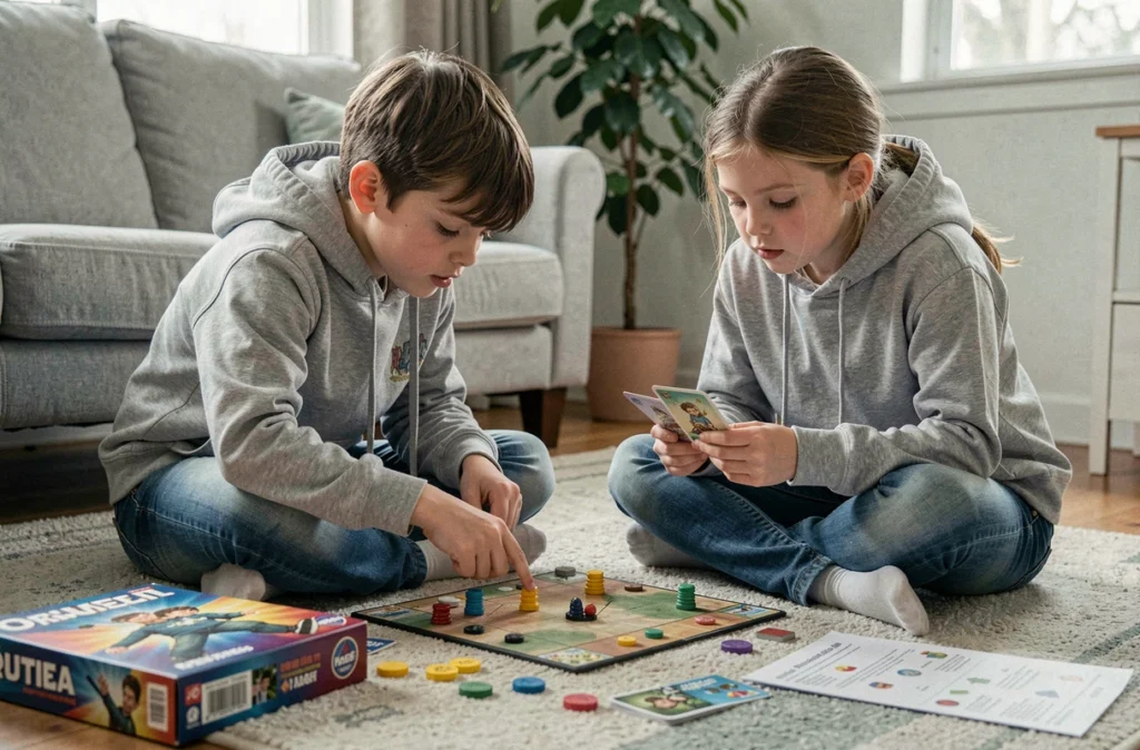 Deux enfants concentrés sur un jeu de société stratégique posé sur un tapis de salon