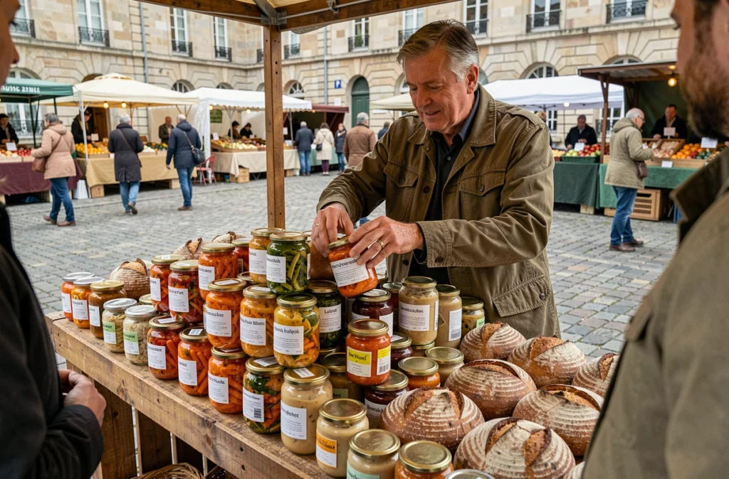 Étal de marché fermier français proposant une large sélection de produits fermentés artisanaux en bocaux