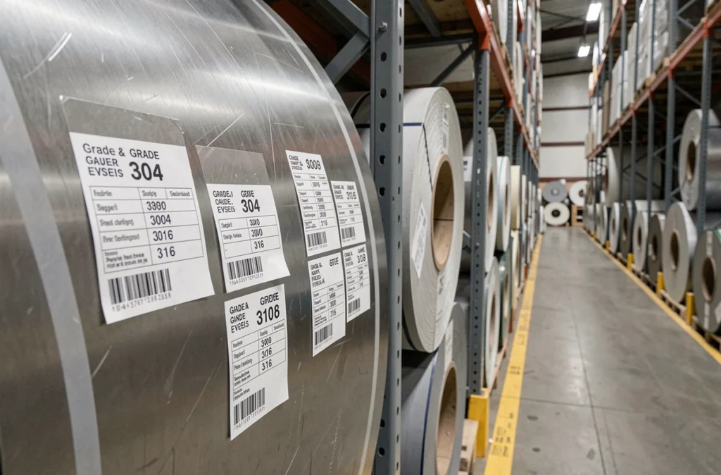 Étiquettes de prix et fiches techniques sur des rouleaux d'acier inoxydable 304 et 316 dans un entrepôt de distribution métallurgique