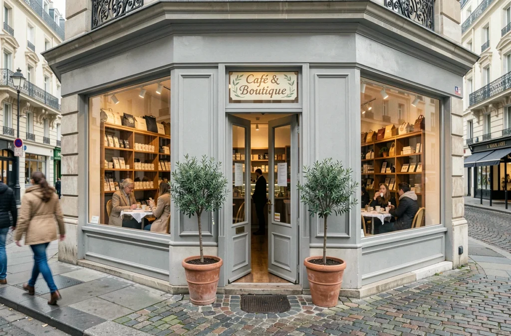 Façade d'un café-boutique en centre-ville français avec vitrine révélant clients et produits artisanaux, vue depuis le trottoir