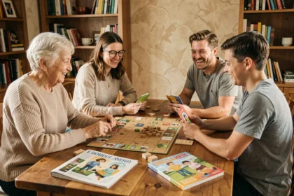 Famille multigénérationnelle jouant à un jeu de société moderne autour d'une table en bois dans un salon chaleureux