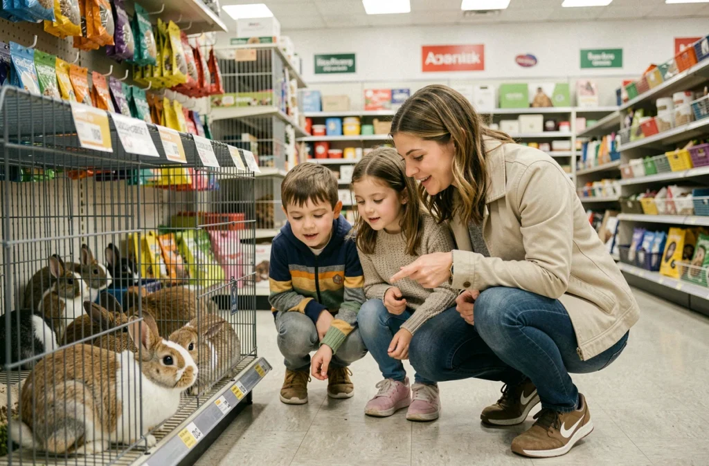 Mère et deux enfants observant des lapins nains dans une animalerie