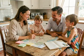 Une famille de quatre personnes planifie ses vacances ensemble autour d'une table en bois avec une carte routière et un carnet de voyage