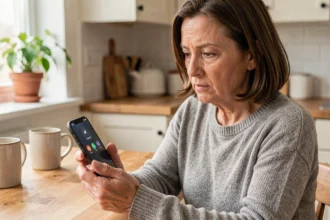 Femme regardant avec méfiance un appel téléphonique entrant d'un numéro inconnu sur son smartphone à la maison