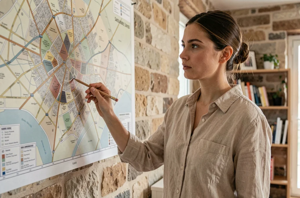Jeune femme examinant une grande carte murale imprimée de Paris et ses arrondissements dans un appartement parisien