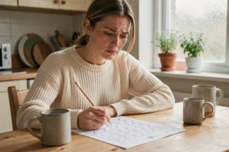 Femme concentrée résolvant un jeu de mots croisés à une table en bois dans une cuisine chaleureuse